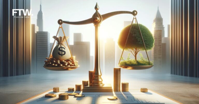 3D image of a balanced scale with one side holding gold coins and the other a flourishing tree, set against a city skyline background, symbolizing the balance between start-up costs and growth potential in business.