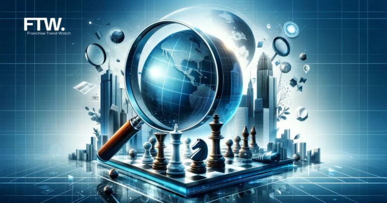A 3D image showing a magnifying glass over a globe, chess pieces like pawns and a king on a chessboard, and a backdrop of high-rise corporate buildings in a color scheme of blues, greys, and metallic tones, symbolizing global business opportunities and strategic decision-making in a bustling business environment.