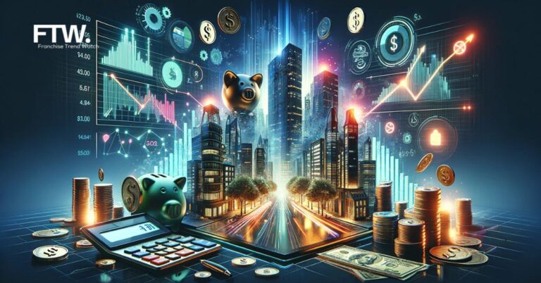 A 3D illustration of a futuristic cityscape divided into two sections. One side displays elements representing costs like calculators and graphs showing expenses, while the other side shows profitability symbols such as rising stock graphs and coins. The scene is set in the evening with dynamic lighting, highlighting the contrast between cost and profitability in the context of online business