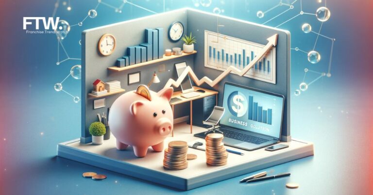 A 3D image showcasing a small, modern home office with a laptop, a piggy bank, and a graph indicating upward growth. The environment is bright and welcoming, embodying optimism and affordable business solutions.