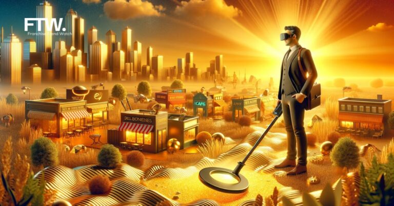 A 3D illustration depicting a person in business attire using a futuristic device to scan the ground in a metaphorical landscape glowing with golden light. The background features a city skyline with various small businesses, all bathed in a warm, inviting light, symbolizing the search for entrepreneurial success in 2024.