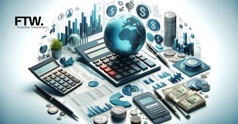 A 3D image featuring a modern office environment with a calculator, financial charts, a globe, and currency symbols in a color palette of blues, greens, and grays, representing financial responsibility and corporate professionalism.