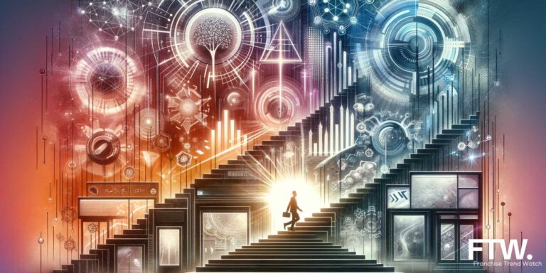 Abstract image depicting innovation and technological advancement in franchising, featuring digital elements and futuristic designs in brand colors.