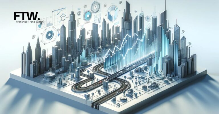 A futuristic cityscape with skyscrapers, some resembling financial graphs, symbolizing growth and investment in a dynamic market. A stylized path weaves through the city, depicting navigation and strategy in business. The modern city is depicted in blues, silvers, and greys, emphasizing a professional and innovative environment.