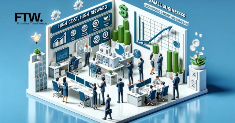 A 3D image depicting a small, high-quality office environment with advanced technology equipment. A team of professionals is engaged in a strategic meeting, with a graph showing upward growth in the background, conveying ambition, innovation, and potential for substantial growth.