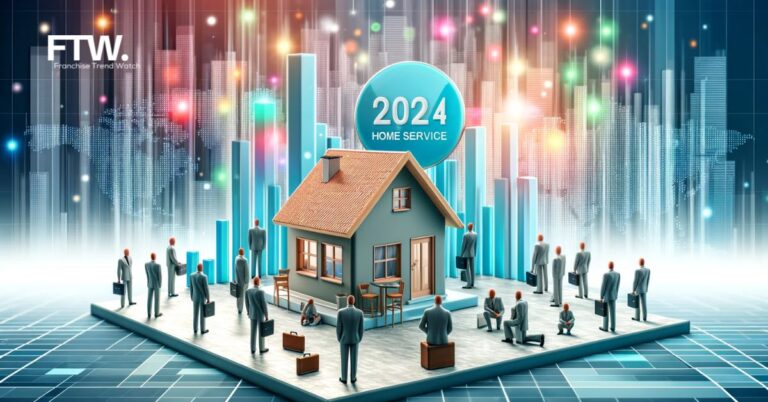 A 3D image depicting a small, modern house surrounded by miniature figures in business attire, set against an abstract city skyline background. The scene is vibrant and colorful, symbolizing innovation and the transition from concept to reality in the realm of low-cost home service businesses.