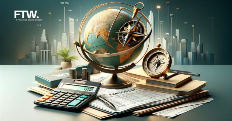 3D image of a modern office desk with a navigational compass, calculator, and stack of financial documents, against a backdrop of a city skyline, representing 'Navigating Franchise Taxes