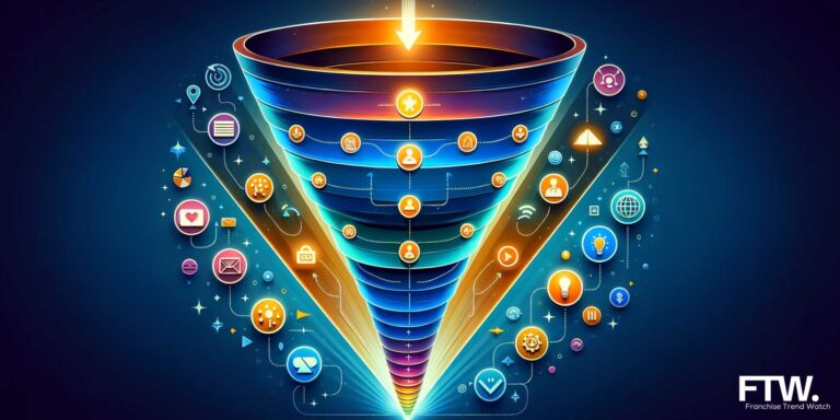 Abstract representation of a franchise marketing funnel, illustrating the stages of customer engagement from awareness to action, highlighted by directional arrows and glowing touchpoints.