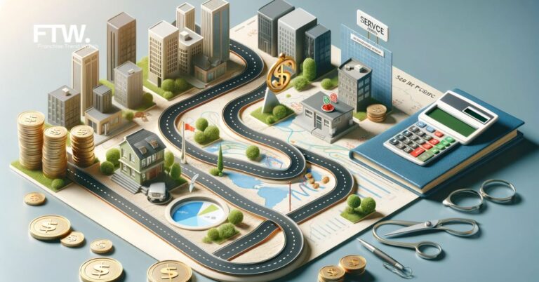 A 3D image depicting a metaphorical path for starting a service business, featuring elements like miniature office buildings, calculators, graphs, and currency symbols, representing financial planning and business strategy in a professional and entrepreneurial context.