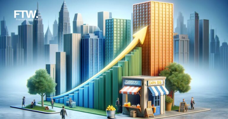 A seamless transition from a small, simple lemonade stand on the left to a large, sophisticated corporate building on the right, against a modern cityscape background, symbolizing the growth from a small venture to a big business.