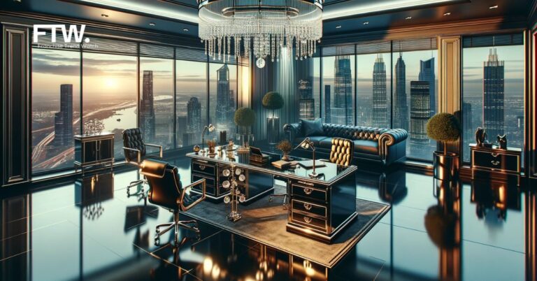 3D illustration of a luxurious office with modern furniture, high-tech gadgets, and a city skyline view, symbolizing upscale service business opportunities and the essence of high startup costs in a bustling city environment.