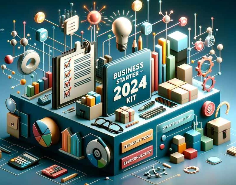 A 3D image showcasing abstract elements of business planning, technology tools, and entrepreneurial growth, featuring symbols like a checklist and a light bulb, in bold colors #EBB61A and #222222.