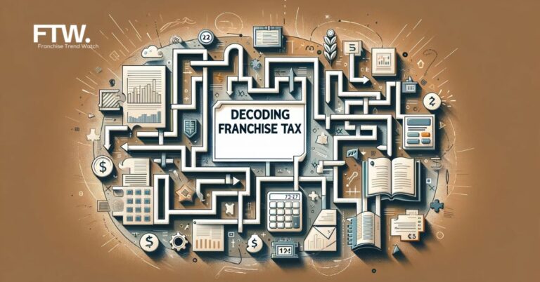 An abstract image representing the complexity of franchise tax, featuring elements like a maze, puzzle pieces, and a symbolic calculator, in a professional color scheme.