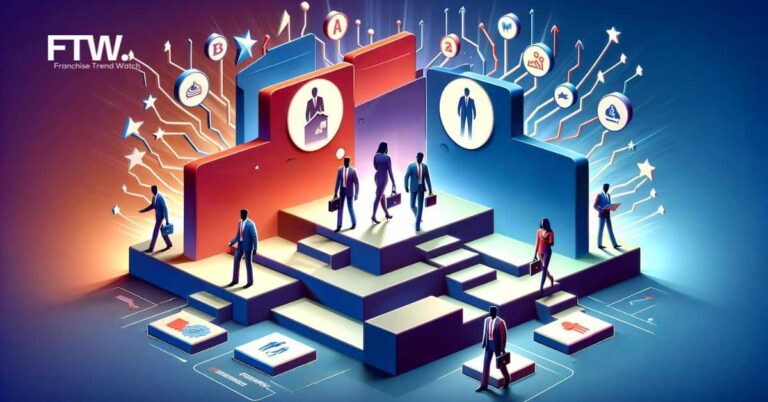 A 3D image showing a symbolic pathway with steps and silhouettes of business people, representing the process of franchise acquisition, in bold colors #EBB61A and #222222.