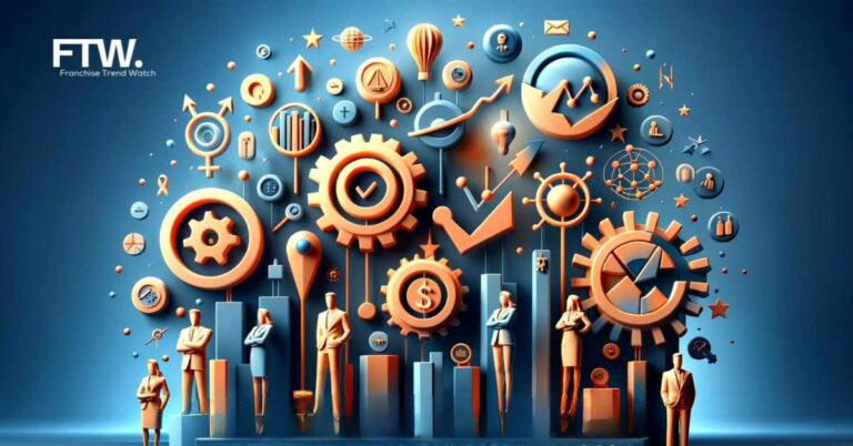 A 3D image showcasing abstract symbols of leadership, growth, and success, with silhouettes of confident business figures in a franchise setting, using bold colors #EBB61A and #222222.