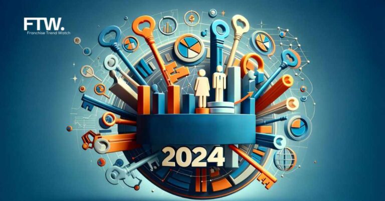 A 3D image showcasing abstract keys symbolizing success, dynamic graphs for growth, and silhouettes of business figures in franchise settings, using bold colors #EBB61A and #222222.