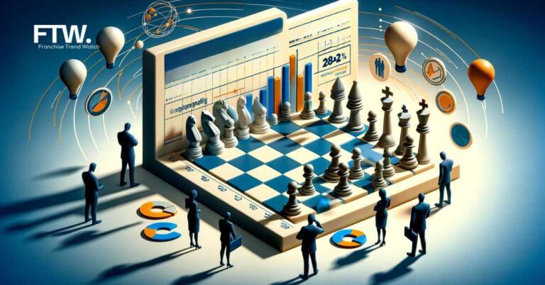 A 3D image depicting a strategic approach to franchise purchasing with an abstract chessboard, silhouettes of business figures analyzing opportunities, in bold colors #EBB61A and #222222.